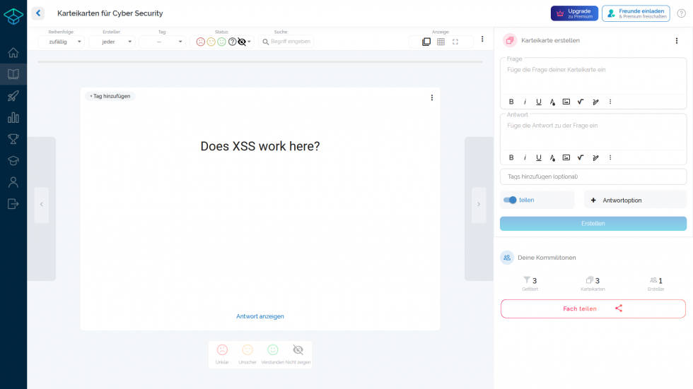 Funktioniert XSS hier? Bild einer Flashcard mit der Frage, ob XSS funktioniert