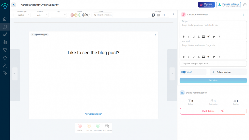 Wanna see my blog post? Bild der Lernkarte mit der Aufforderung, den Blogeintrag zu zeigen